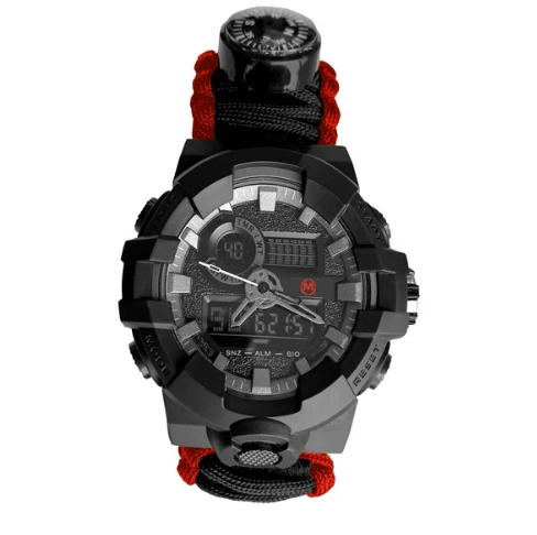 RELOJ PARACORD NEGRO ROJO LCD 12 DIJITOS